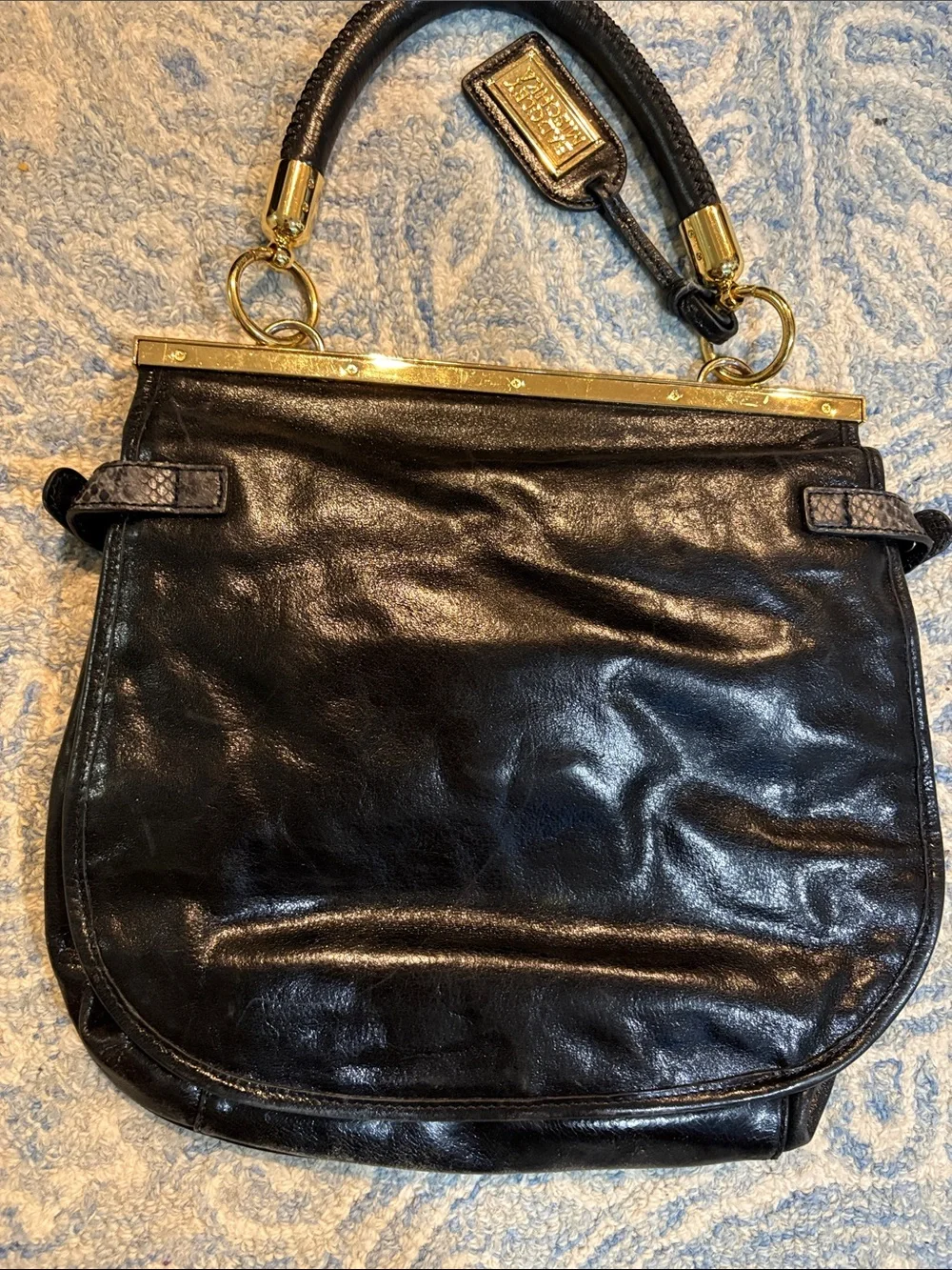 Black Leather and Gray Snake-Print Top Handle Bag